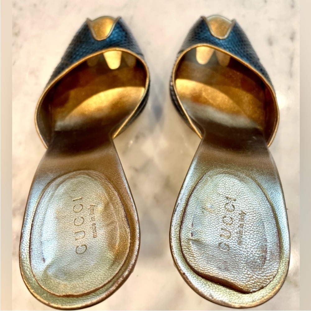 Gucci Rare Tom Ford Runway snakeskin slides, reptilian heel, blk & gold, 7, EUC - Picture 8 of 16